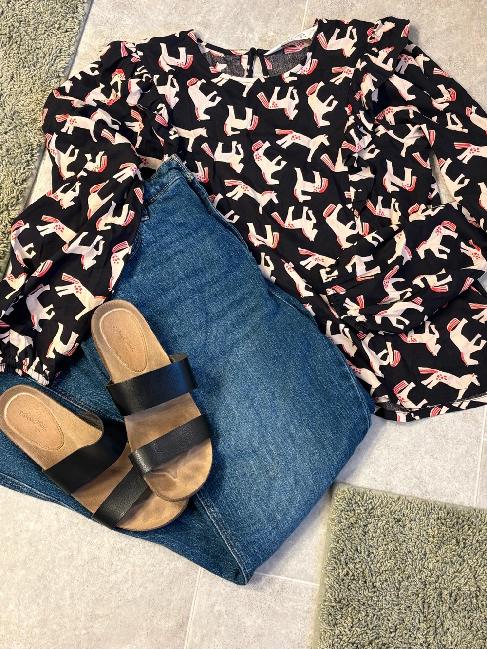 Compania Fantastica Black Horse Print Blouse | Puff Sleeve Blouse size Small